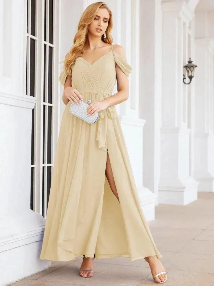 Numbersea Off The Shoulder Chiffon Bridesmaid Dress Long Formal Graduation Gown with Cowl Back 28069 - Image 46