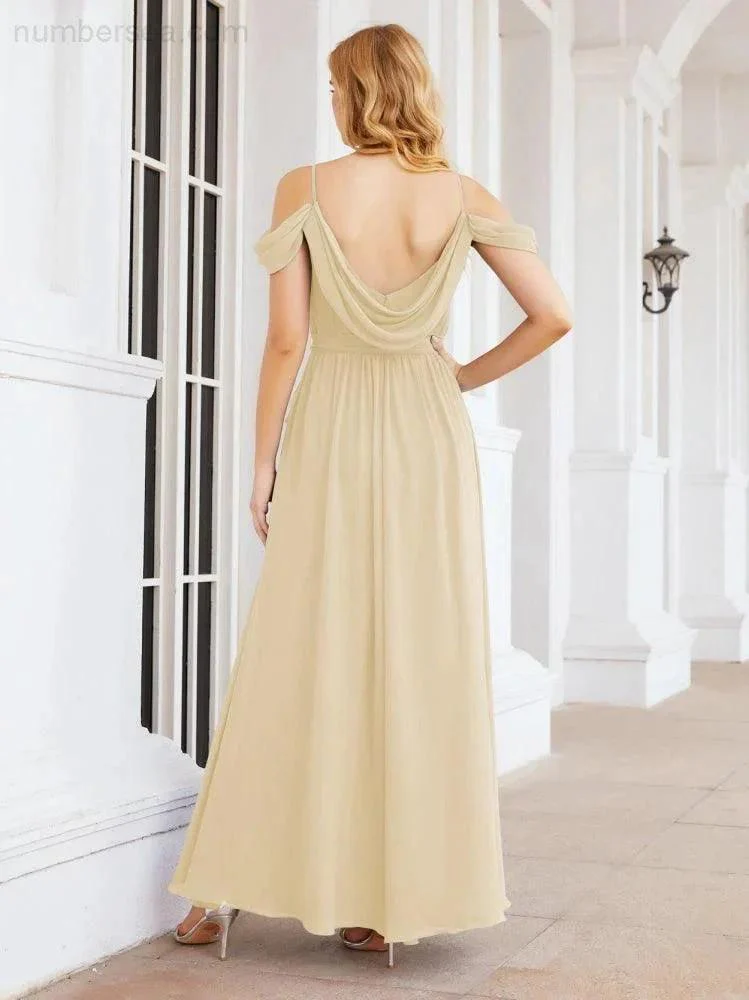 Numbersea Off The Shoulder Chiffon Bridesmaid Dress Long Formal Graduation Gown with Cowl Back 28069 - Image 47