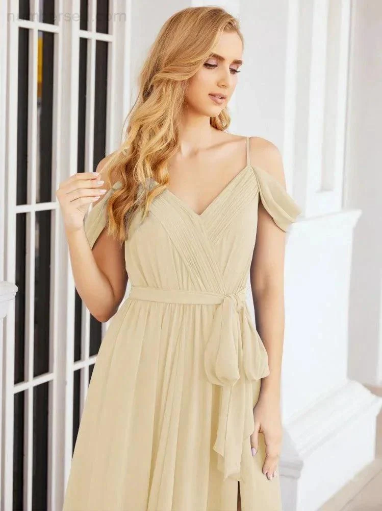 Numbersea Off The Shoulder Chiffon Bridesmaid Dress Long Formal Graduation Gown with Cowl Back 28069 - Image 48