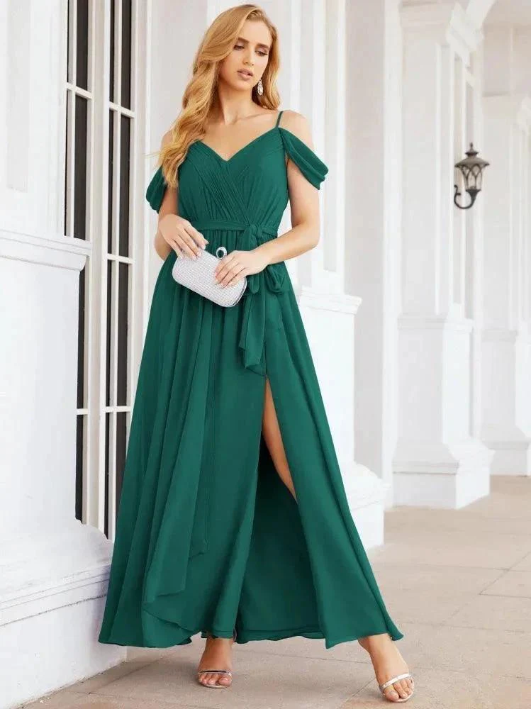 Numbersea Off The Shoulder Chiffon Bridesmaid Dress Long Formal Graduation Gown with Cowl Back 28069 - Image 49