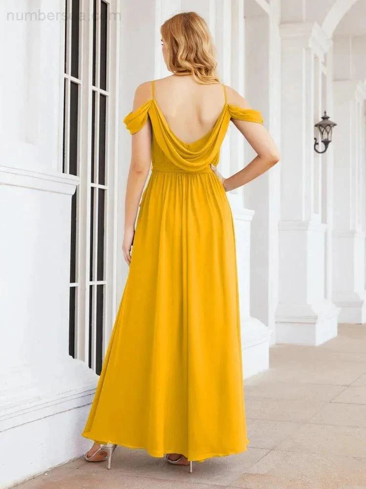 Numbersea Off The Shoulder Chiffon Bridesmaid Dress Long Formal Graduation Gown with Cowl Back 28069 - Image 5
