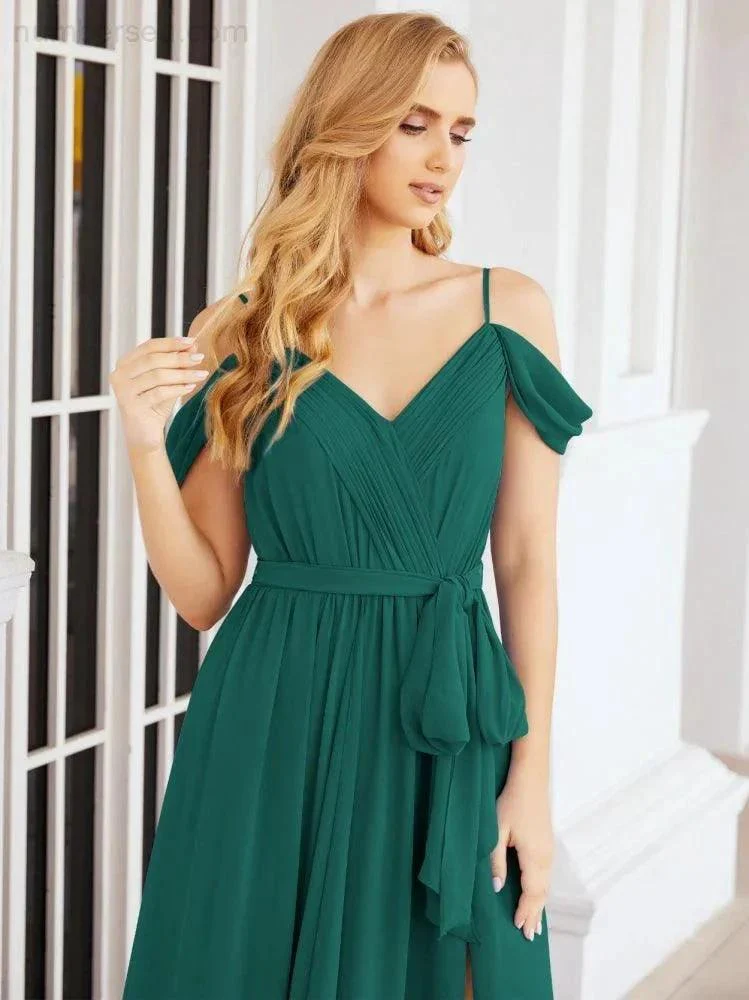 Numbersea Off The Shoulder Chiffon Bridesmaid Dress Long Formal Graduation Gown with Cowl Back 28069 - Image 51