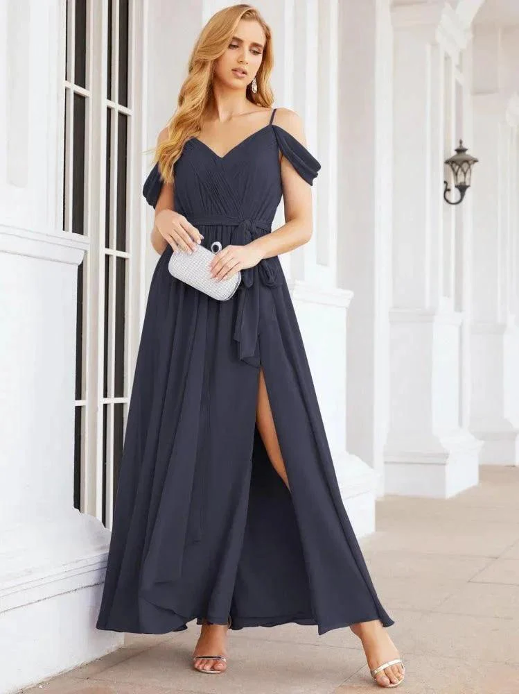 Numbersea Off The Shoulder Chiffon Bridesmaid Dress Long Formal Graduation Gown with Cowl Back 28069 - Image 52