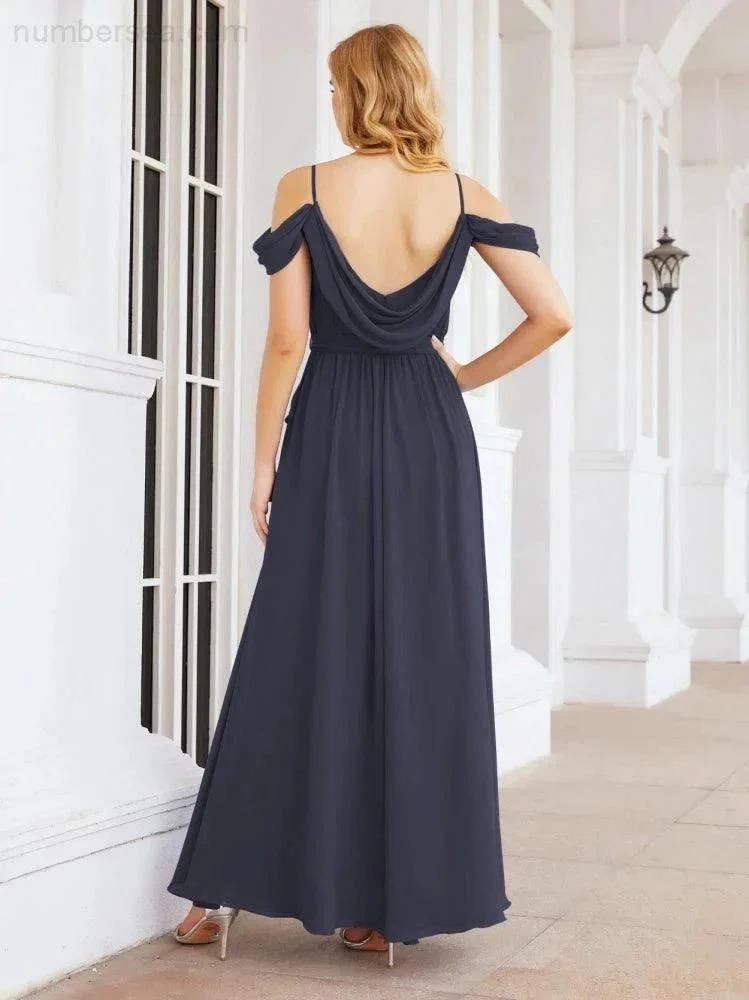 Numbersea Off The Shoulder Chiffon Bridesmaid Dress Long Formal Graduation Gown with Cowl Back 28069 - Image 53