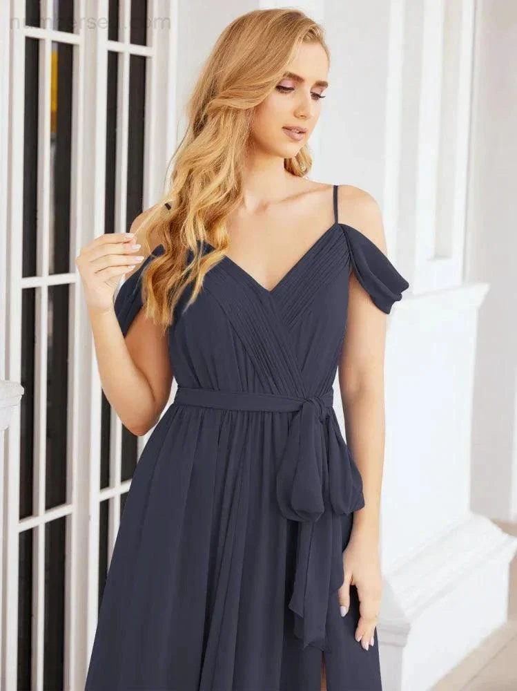 Numbersea Off The Shoulder Chiffon Bridesmaid Dress Long Formal Graduation Gown with Cowl Back 28069 - Image 54