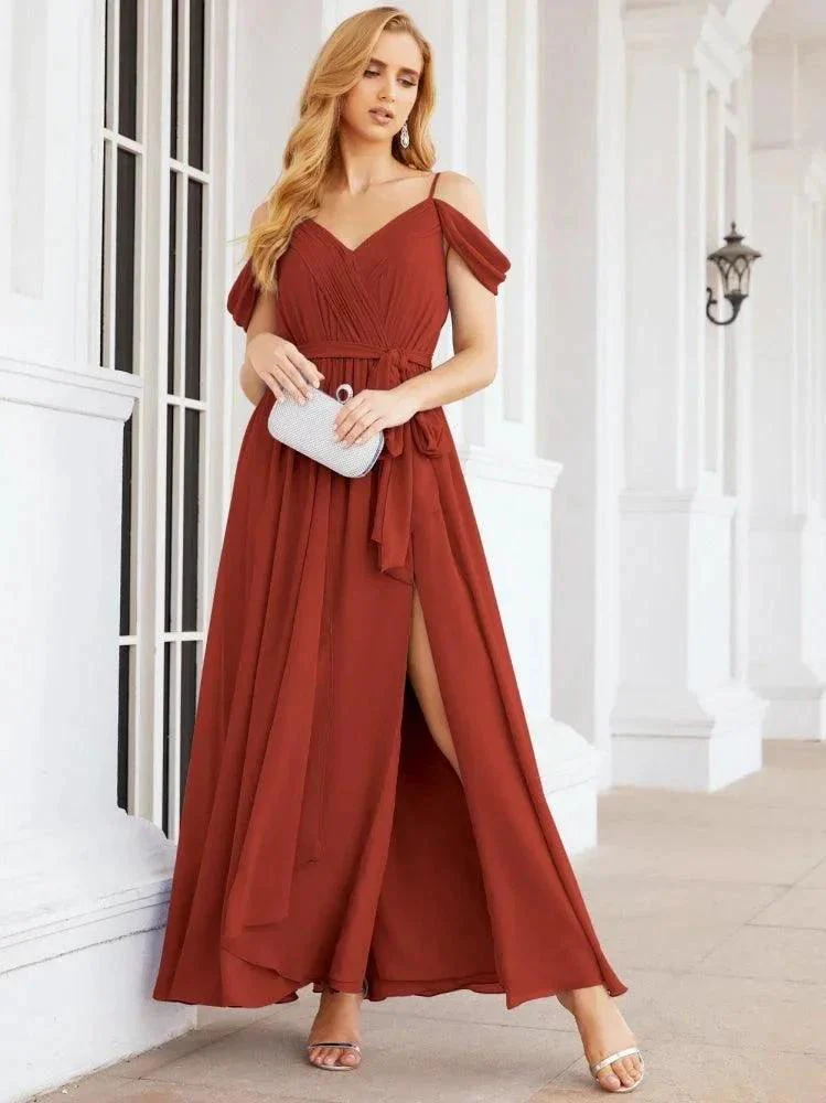 Numbersea Off The Shoulder Chiffon Bridesmaid Dress Long Formal Graduation Gown with Cowl Back 28069 - Image 55