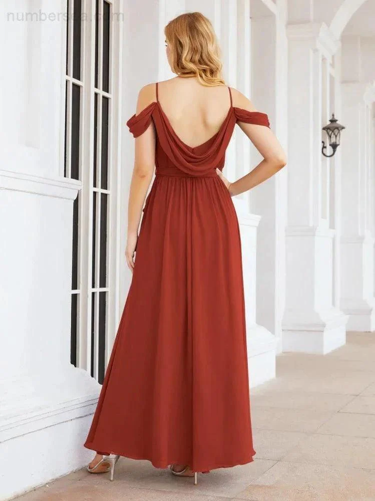 Numbersea Off The Shoulder Chiffon Bridesmaid Dress Long Formal Graduation Gown with Cowl Back 28069 - Image 56