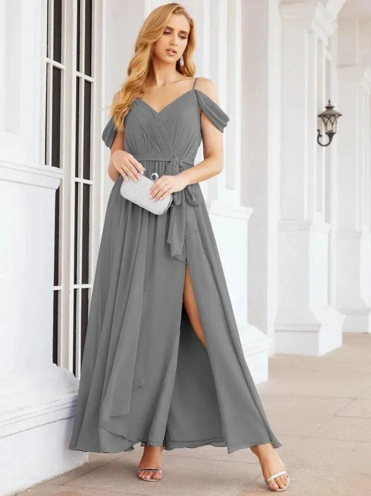 Numbersea Off The Shoulder Chiffon Bridesmaid Dress Long Formal Graduation Gown with Cowl Back 28069 - Image 58