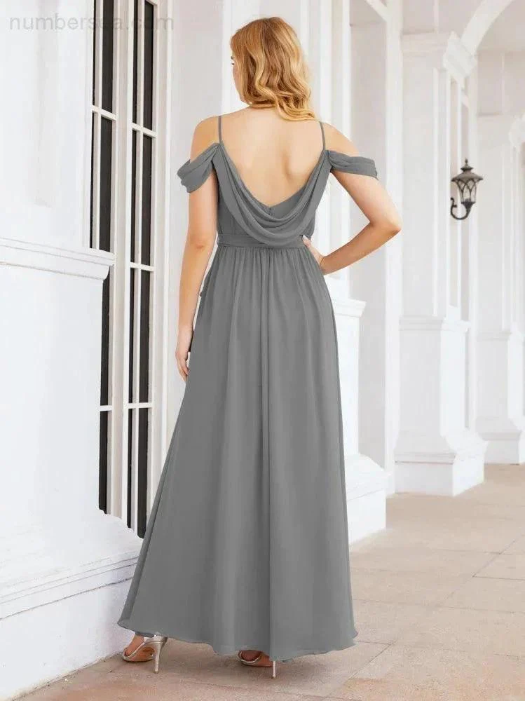 Numbersea Off The Shoulder Chiffon Bridesmaid Dress Long Formal Graduation Gown with Cowl Back 28069 - Image 59