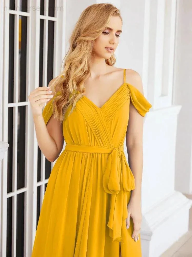 Numbersea Off The Shoulder Chiffon Bridesmaid Dress Long Formal Graduation Gown with Cowl Back 28069 - Image 6
