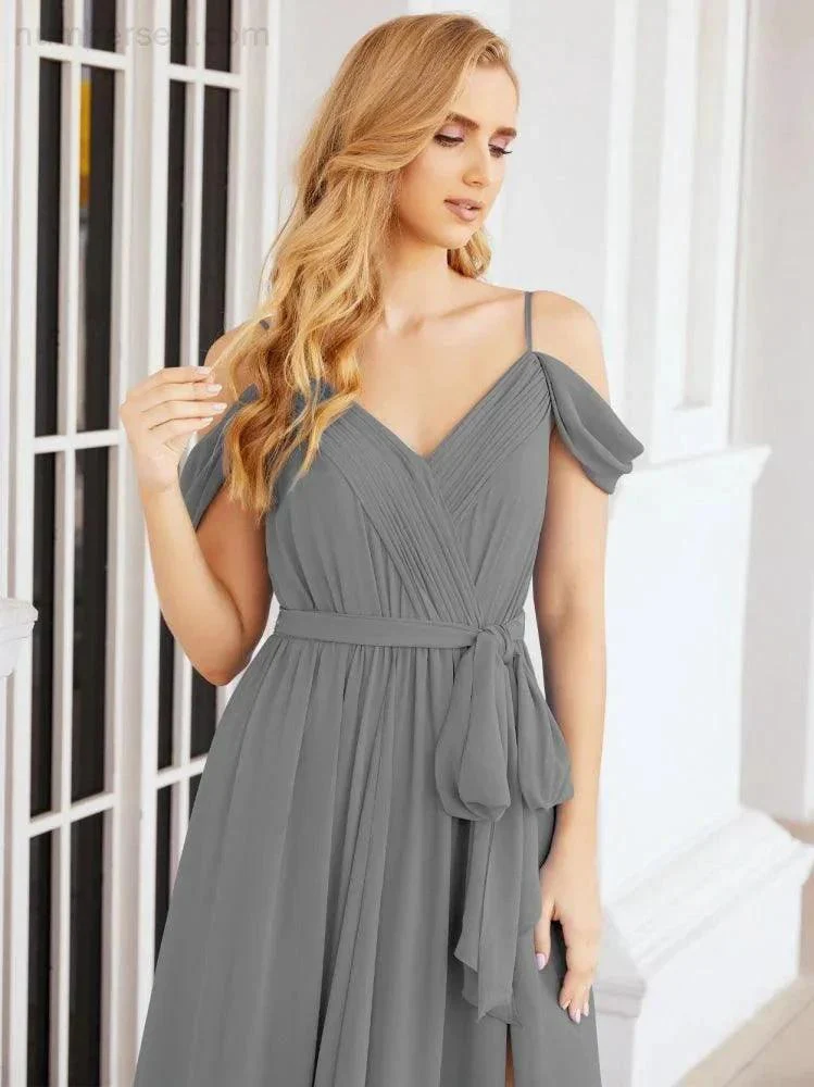 Numbersea Off The Shoulder Chiffon Bridesmaid Dress Long Formal Graduation Gown with Cowl Back 28069 - Image 60