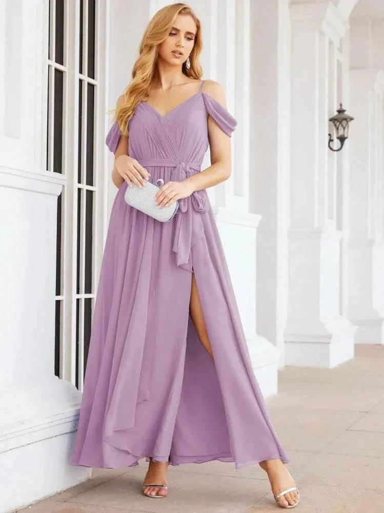 Numbersea Off The Shoulder Chiffon Bridesmaid Dress Long Formal Graduation Gown with Cowl Back 28069 - Image 61