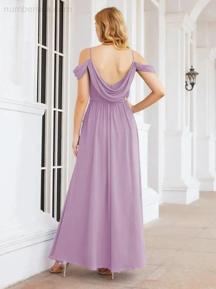 Numbersea Off The Shoulder Chiffon Bridesmaid Dress Long Formal Graduation Gown with Cowl Back 28069 - Image 62