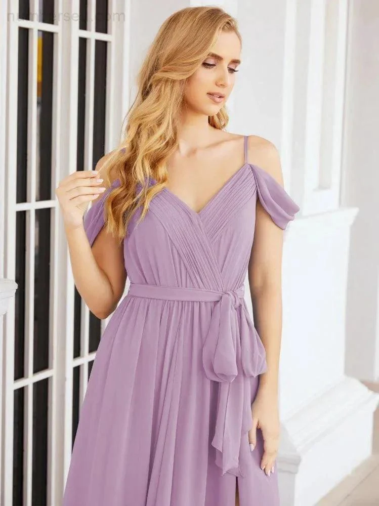 Numbersea Off The Shoulder Chiffon Bridesmaid Dress Long Formal Graduation Gown with Cowl Back 28069 - Image 63