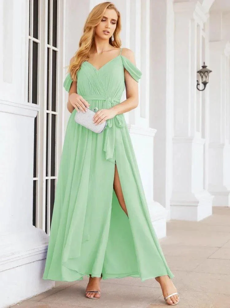 Numbersea Off The Shoulder Chiffon Bridesmaid Dress Long Formal Graduation Gown with Cowl Back 28069 - Image 64