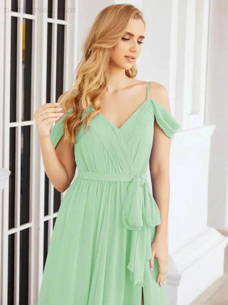 Numbersea Off The Shoulder Chiffon Bridesmaid Dress Long Formal Graduation Gown with Cowl Back 28069 - Image 66