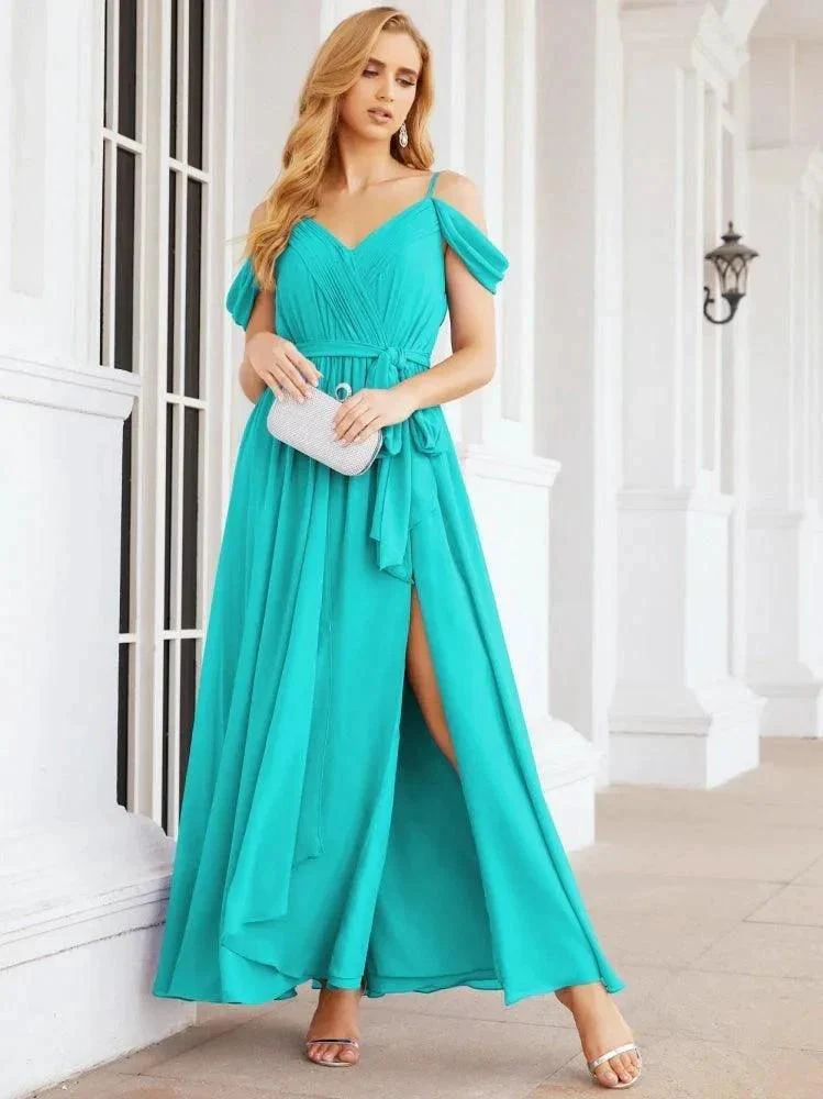 Numbersea Off The Shoulder Chiffon Bridesmaid Dress Long Formal Graduation Gown with Cowl Back 28069 - Image 67