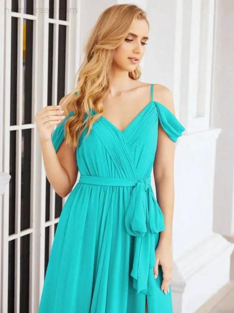 Numbersea Off The Shoulder Chiffon Bridesmaid Dress Long Formal Graduation Gown with Cowl Back 28069 - Image 69