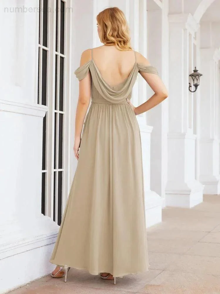 Numbersea Off The Shoulder Chiffon Bridesmaid Dress Long Formal Graduation Gown with Cowl Back 28069 - Image 71
