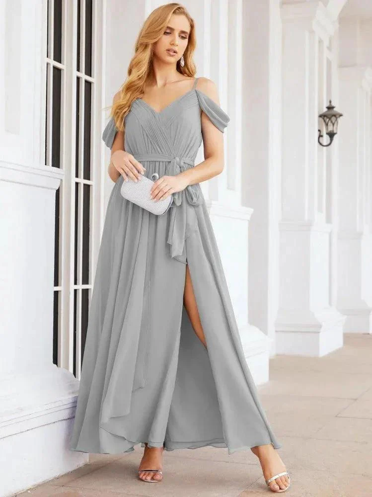 Numbersea Off The Shoulder Chiffon Bridesmaid Dress Long Formal Graduation Gown with Cowl Back 28069 - Image 73