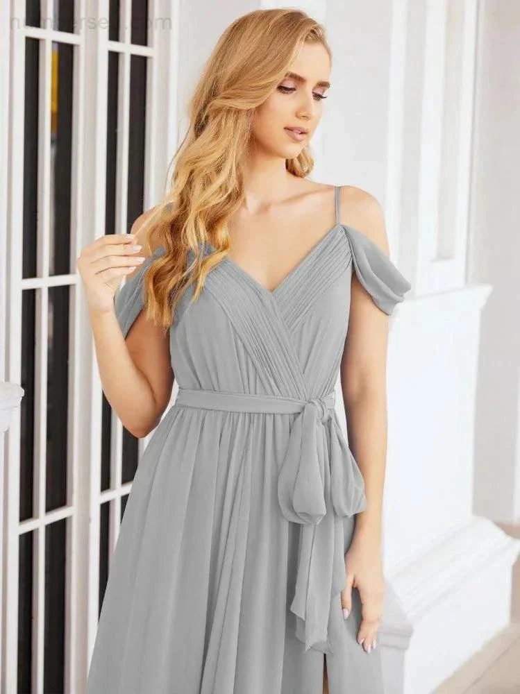 Numbersea Off The Shoulder Chiffon Bridesmaid Dress Long Formal Graduation Gown with Cowl Back 28069 - Image 75