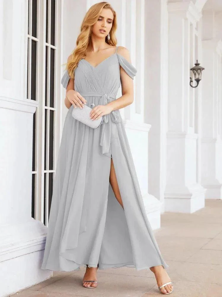 Numbersea Off The Shoulder Chiffon Bridesmaid Dress Long Formal Graduation Gown with Cowl Back 28069 - Image 79