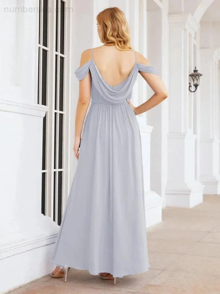 Numbersea Off The Shoulder Chiffon Bridesmaid Dress Long Formal Graduation Gown with Cowl Back 28069 - Image 8