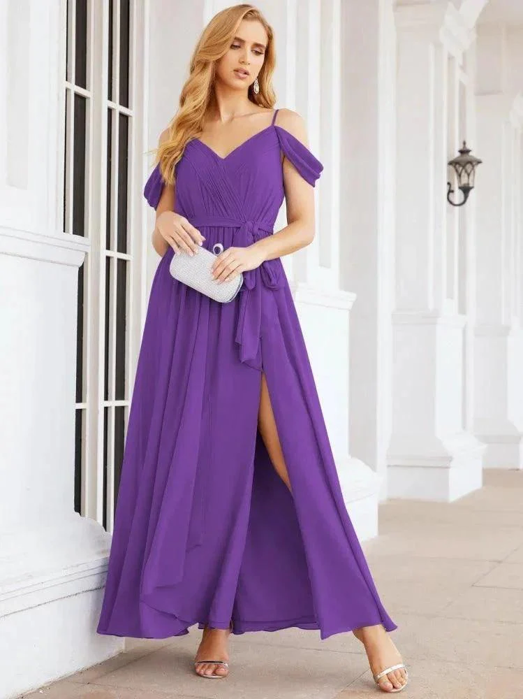 Numbersea Off The Shoulder Chiffon Bridesmaid Dress Long Formal Graduation Gown with Cowl Back 28069 - Image 82
