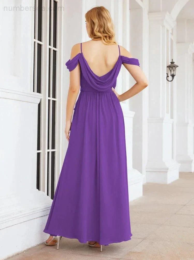 Numbersea Off The Shoulder Chiffon Bridesmaid Dress Long Formal Graduation Gown with Cowl Back 28069 - Image 83