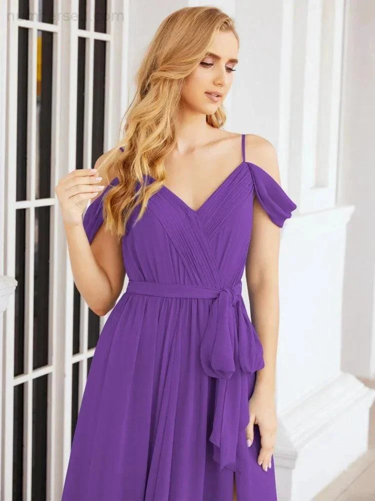 Numbersea Off The Shoulder Chiffon Bridesmaid Dress Long Formal Graduation Gown with Cowl Back 28069 - Image 84