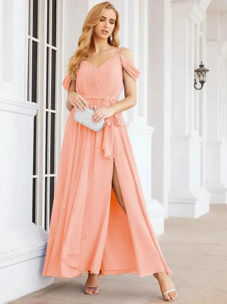 Numbersea Off The Shoulder Chiffon Bridesmaid Dress Long Formal Graduation Gown with Cowl Back 28069 - Image 85
