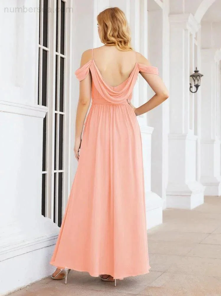 Numbersea Off The Shoulder Chiffon Bridesmaid Dress Long Formal Graduation Gown with Cowl Back 28069 - Image 86