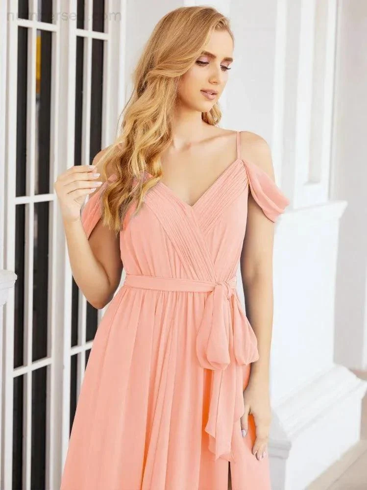 Numbersea Off The Shoulder Chiffon Bridesmaid Dress Long Formal Graduation Gown with Cowl Back 28069 - Image 87