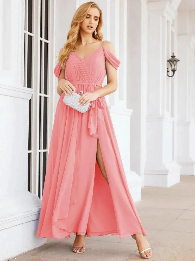 Numbersea Off The Shoulder Chiffon Bridesmaid Dress Long Formal Graduation Gown with Cowl Back 28069 - Image 88