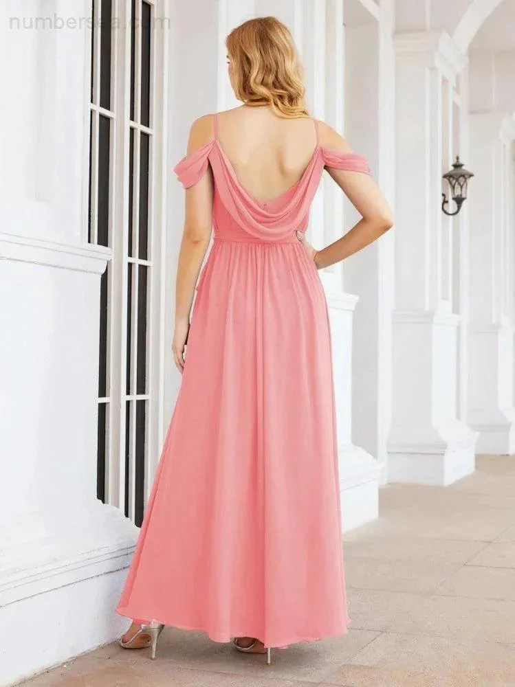 Numbersea Off The Shoulder Chiffon Bridesmaid Dress Long Formal Graduation Gown with Cowl Back 28069 - Image 89