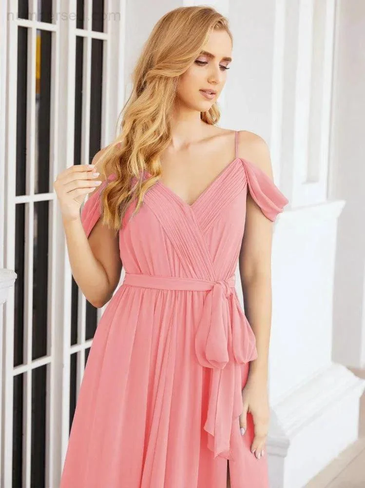Numbersea Off The Shoulder Chiffon Bridesmaid Dress Long Formal Graduation Gown with Cowl Back 28069 - Image 90