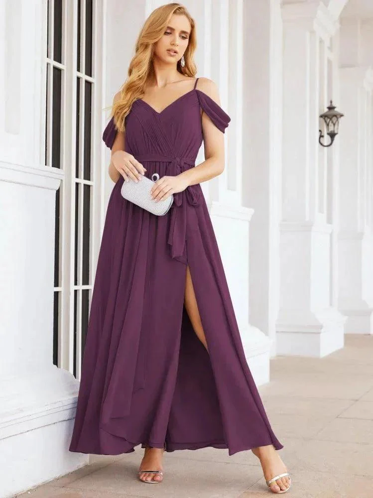 Numbersea Off The Shoulder Chiffon Bridesmaid Dress Long Formal Graduation Gown with Cowl Back 28069 - Image 91