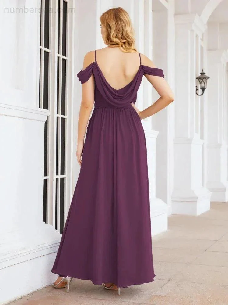 Numbersea Off The Shoulder Chiffon Bridesmaid Dress Long Formal Graduation Gown with Cowl Back 28069 - Image 92
