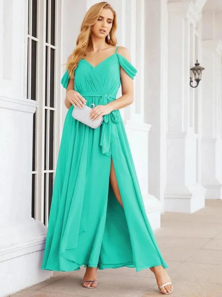 Numbersea Off The Shoulder Chiffon Bridesmaid Dress Long Formal Graduation Gown with Cowl Back 28069 - Image 94