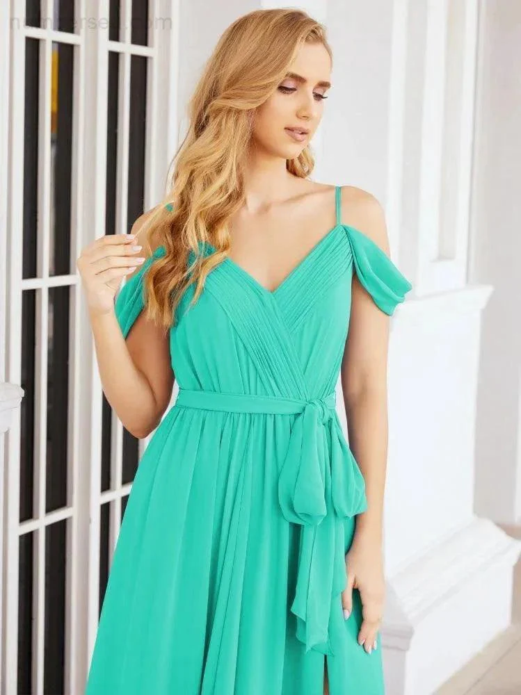 Numbersea Off The Shoulder Chiffon Bridesmaid Dress Long Formal Graduation Gown with Cowl Back 28069 - Image 96