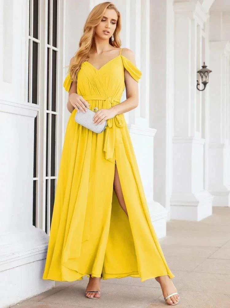 Numbersea Off The Shoulder Chiffon Bridesmaid Dress Long Formal Graduation Gown with Cowl Back 28069 - Image 97
