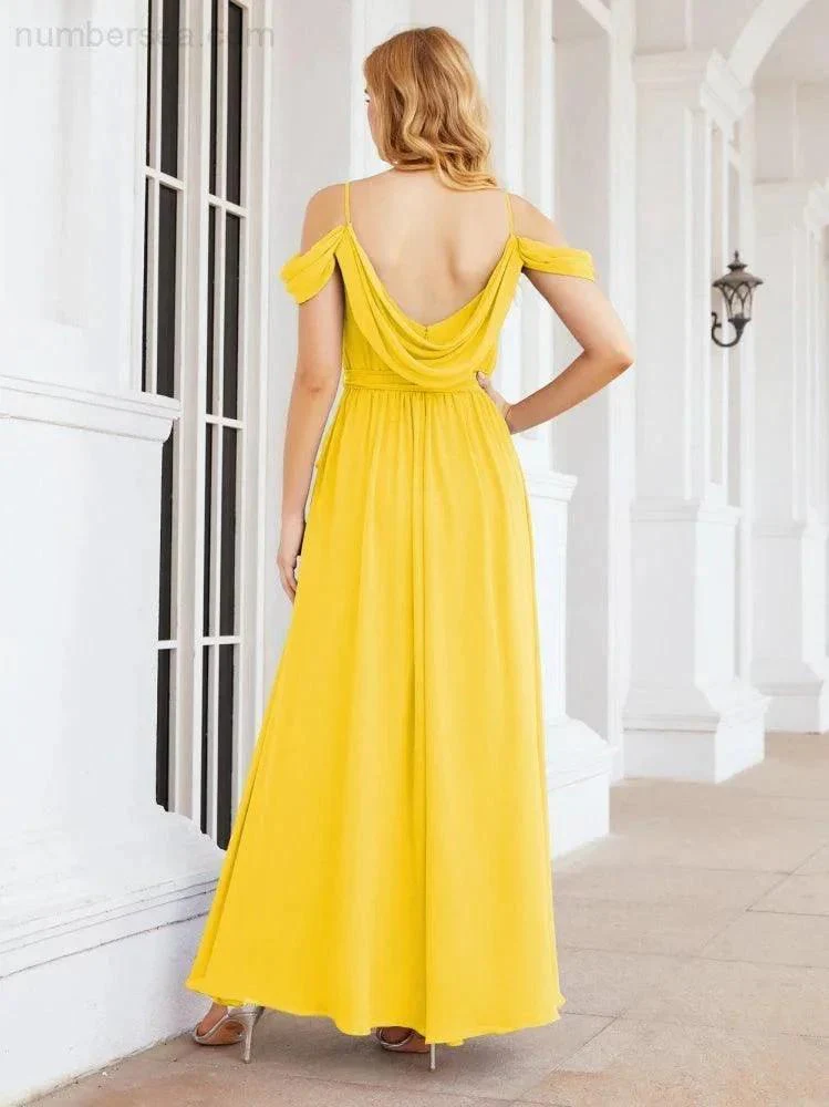 Numbersea Off The Shoulder Chiffon Bridesmaid Dress Long Formal Graduation Gown with Cowl Back 28069 - Image 98