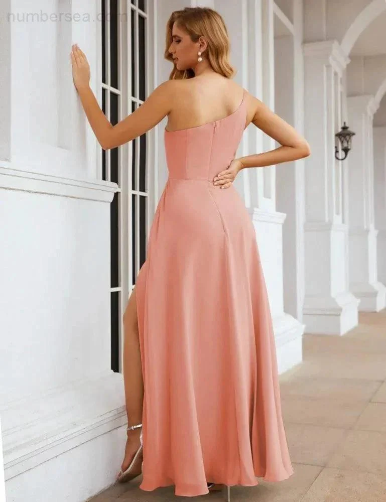 Numbersea One Shoulder Chiffon Bridesmaid Dresses Long Formal Homecoming Prom Gowns for Women Party Wedding Evening SEA28052 - Image 2