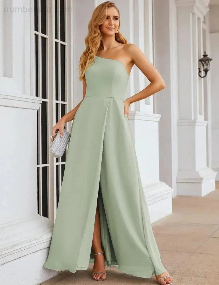 Numbersea One Shoulder Chiffon Bridesmaid Dresses Long Formal Homecoming Prom Gowns for Women Party Wedding Evening SEA28052 - Image 49