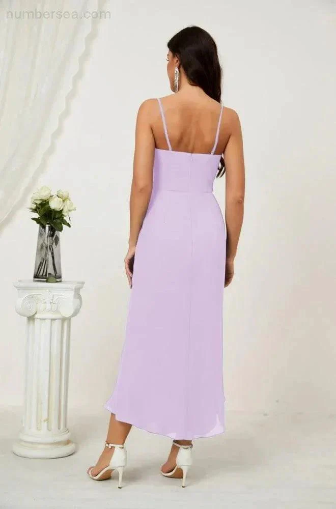 Numbersea Spaghetti Chiffon V Neck Bridesmaid Dress Mid-Length Slit Formal Prom Dress Homecoming Dress 2803 - Image 100