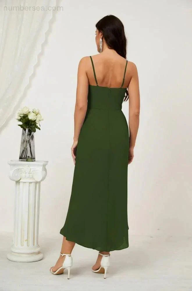 Numbersea Spaghetti Chiffon V Neck Bridesmaid Dress Mid-Length Slit Formal Prom Dress Homecoming Dress 2803 - Image 102
