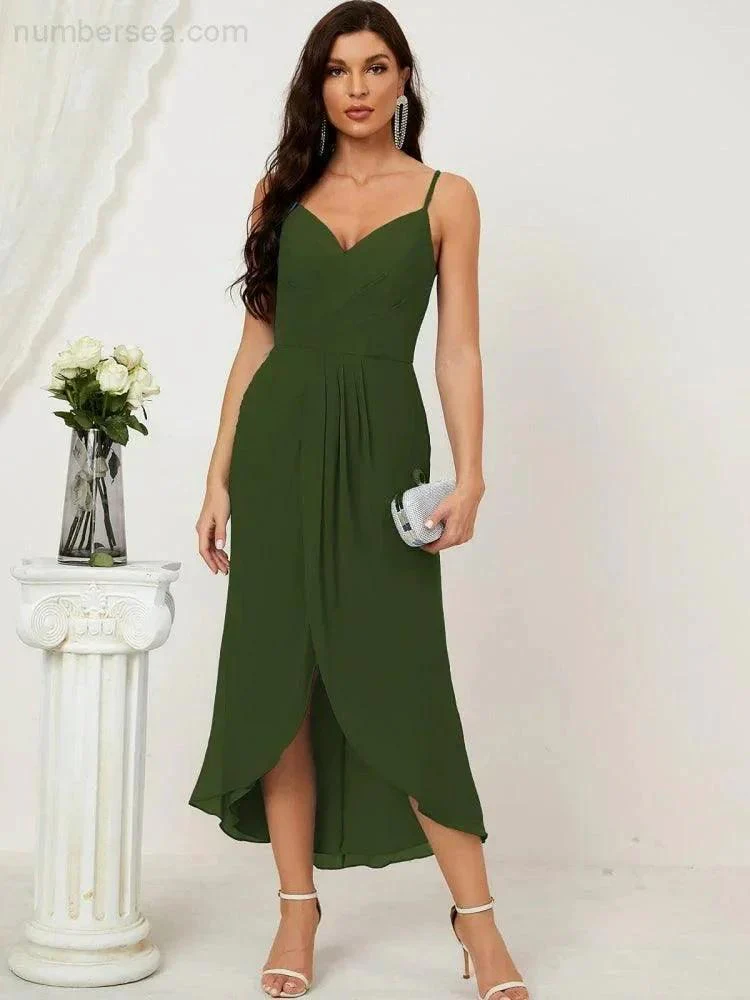 Numbersea Spaghetti Chiffon V Neck Bridesmaid Dress Mid-Length Slit Formal Prom Dress Homecoming Dress 2803 - Image 104