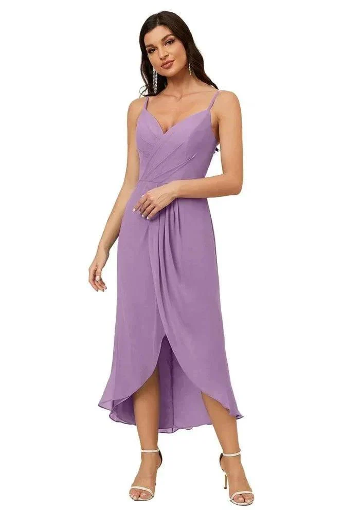 Numbersea Spaghetti Chiffon V Neck Bridesmaid Dress Mid-Length Slit Formal Prom Dress Homecoming Dress 2803 - Image 106