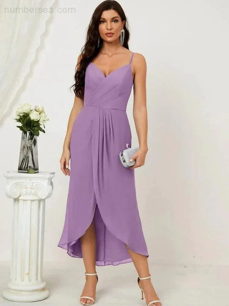 Numbersea Spaghetti Chiffon V Neck Bridesmaid Dress Mid-Length Slit Formal Prom Dress Homecoming Dress 2803 - Image 107