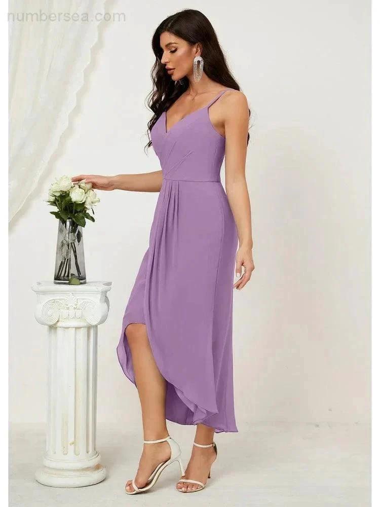 Numbersea Spaghetti Chiffon V Neck Bridesmaid Dress Mid-Length Slit Formal Prom Dress Homecoming Dress 2803 - Image 108